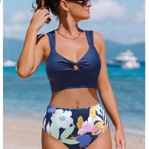 NWT, Popvil Floral Cutout Dark Blue Tankini Set